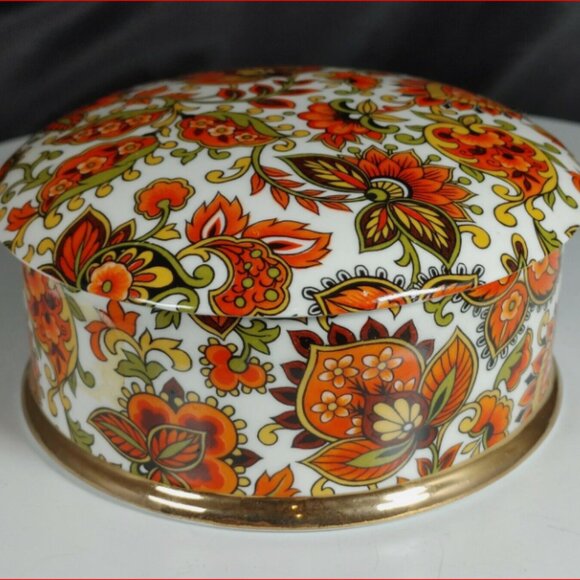 Vtg Staffordshire Derwell Trinket Box England Fine Bone China Orange Floral 4" - Picture 1 of 3